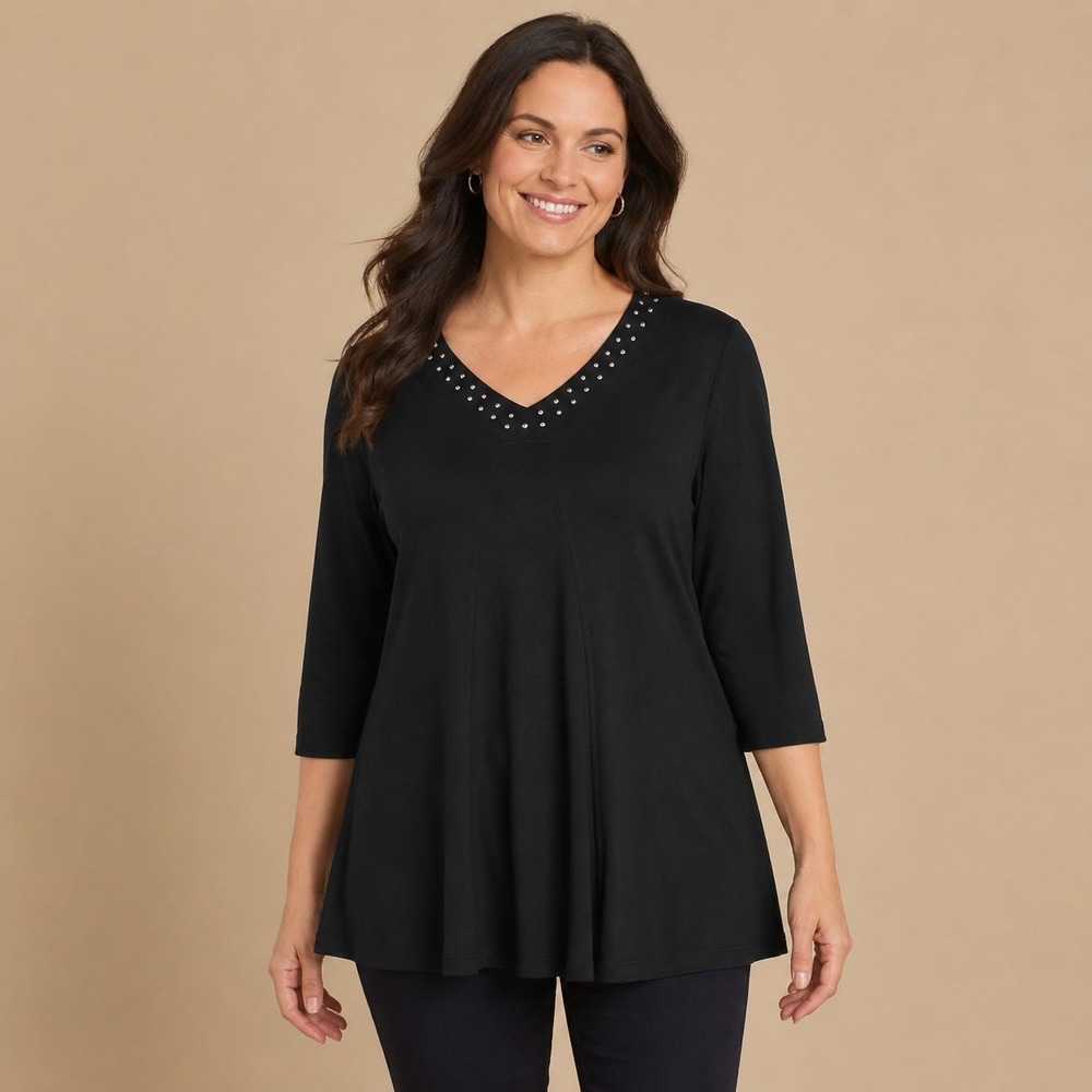 Quacker Factory Black V-Neck Tunic Women's Medium Edgy Minimalist Subtle Goth